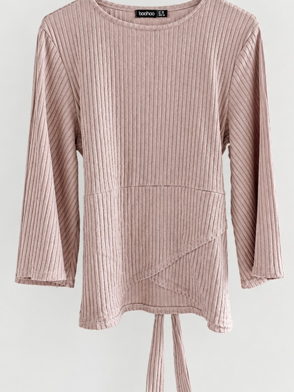 boohoo Ribbed Dusty Rose Tie-Back Long Sleeve Top